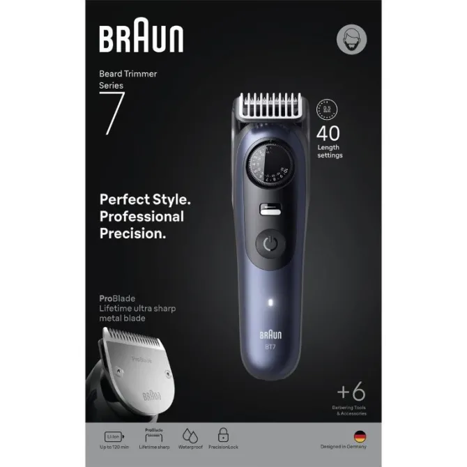 Braun BeardTrimmer 7 BT7520 lama Ultra Sharp ProBlade, lunghezza taglio 2cm - Nero e Blu