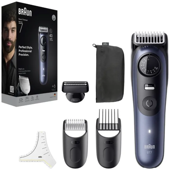 Braun BeardTrimmer 7 BT7520 lama Ultra Sharp ProBlade, lunghezza taglio 2cm - Nero e Blu