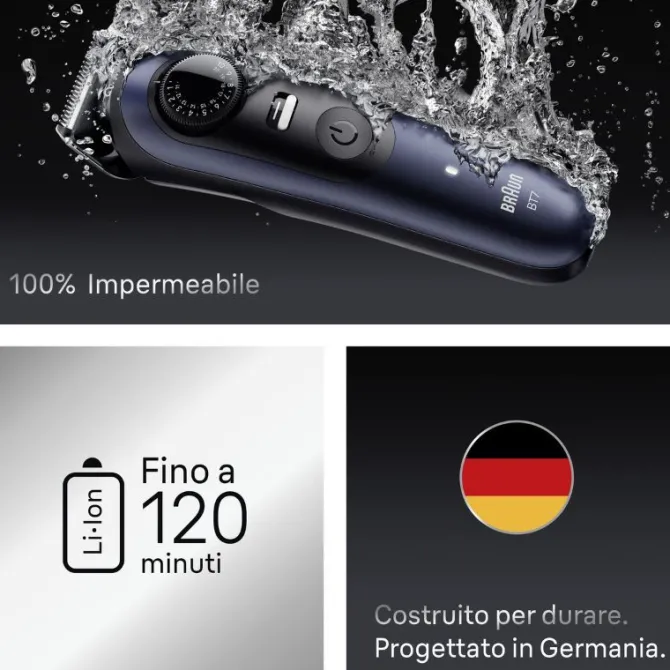 Braun BeardTrimmer 7 BT7520 lama Ultra Sharp ProBlade, lunghezza taglio 2cm - Nero e Blu