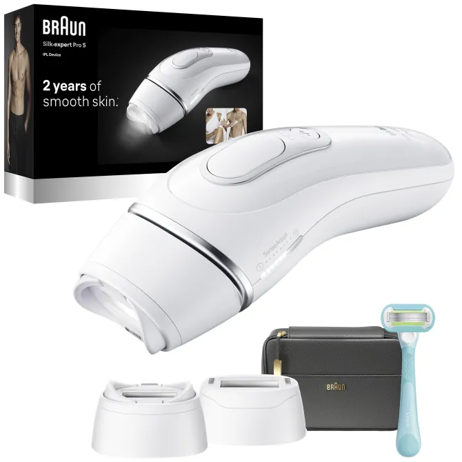 Braun Silk·expert Pro 5, Epilatore Luce Pulsata Smart, Epilazione Laser Peli Donna A Casa, Riduzione Permanente Dei Peli, Con 2 Testine, Custodia E Rasoio Gillette Venus, PL5234