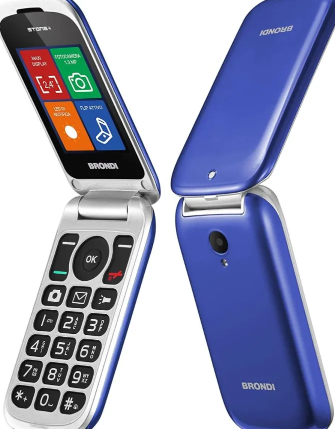 Brondi Stone+ - Cellulare con apertura a conchiglia e flip attivo, Dual Sim, Display 2.4 pollici, Blu