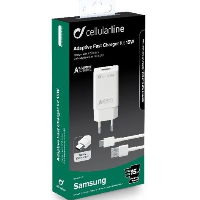 Cellularline Adaptive Fast Charger Kit 15W - USB-C - Samsung Caricabatterie da rete Fast Charger 15W con cavo USB-C Bianco