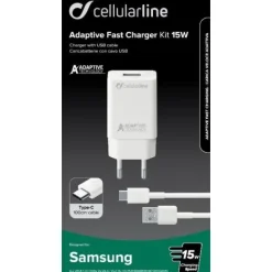 Cellularline Adaptive Fast Charger Kit 15W - USB-C - Samsung Caricabatterie da rete Fast Charger 15W con cavo USB-C Bianco