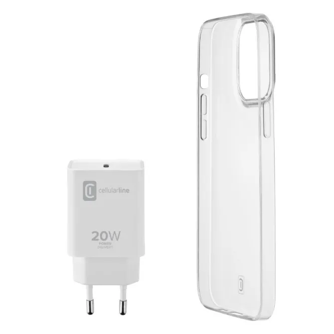 Cellularline STARTER KIT - iPhone 13 Kit di Caricabatterie + Cover Trasparente