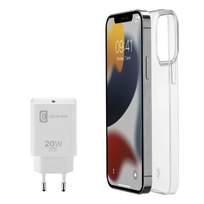 Cellularline STARTER KIT - iPhone 13 Kit di Caricabatterie + Cover Trasparente