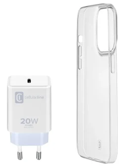 Cellularline Starter Kit - iPhone 14 Plus Kit di accessori per la ricarica e la protezione di iPhone Bianco, Trasparente