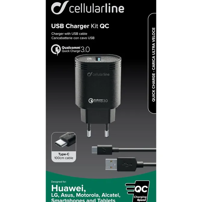 Cellularline USB Charger Kit QC - Type-C, Nero