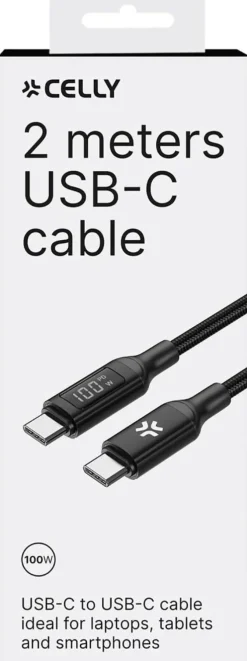 Celly Cavo TYPE-C/TYPE-C per smartphone, tablet e portatili, 100W, 2 metri, Nero
