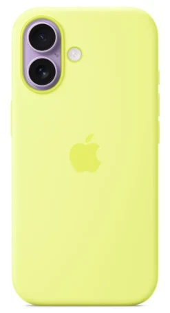 Custodia MagSafe in silicone Apple per iPhone 17 gialla, con tracolla e ricarica wireless