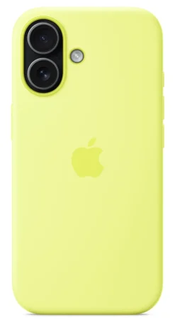 Custodia MagSafe in silicone Apple per iPhone 17 gialla, con tracolla e ricarica wireless
