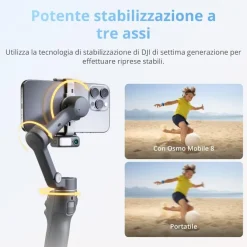 DJI Osmo Mobile 8 stabilizzatore per smartphone, tracciamento nativo con audio e illuminazione, rotazione panoramica a 360°, batteria da 10 h, manico telescopico, solida stabilizzazione a 3 assi