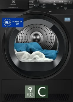 Electrolux Asciugatrice EW7H49 B – Pompa di Calore 9 kg DelicateCare 700 – Classe B −30%, Cicli Lana, Seta, Esterni, Tecnologia SensiCare, Display LCD, Silenziosa – Home & Laundry Innovazione