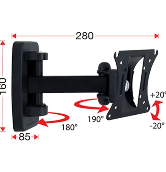 Fe-al Over Super 2 - Supporto da parete per TV 10"-26", Vesa 100x100, Due snodi e inclinabile
