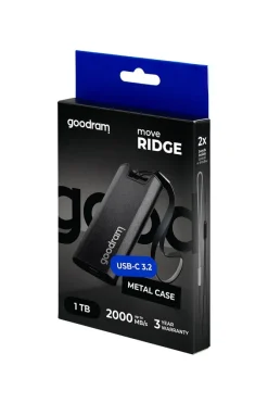 GoodRam - Disco rigido SSD esterno da 1TB - USB 3.2 Gen. 2x2 Tipo-C - Move Ridge Nero - Velocità di lettura fino a 2000MB/s, velocità di scrittura fino a 2000MB/s - Custodia in metallo - 75×32×9,5mm