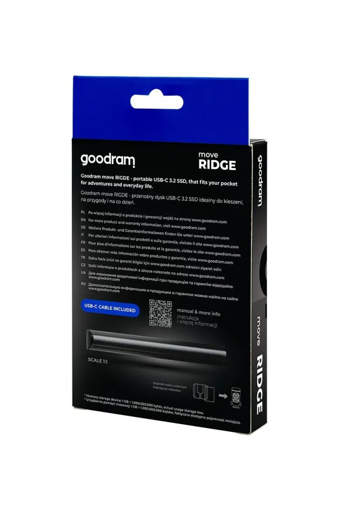 GoodRam - Disco rigido SSD esterno da 1TB - USB 3.2 Gen. 2x2 Tipo-C - Move Ridge Nero - Velocità di lettura fino a 2000MB/s, velocità di scrittura fino a 2000MB/s - Custodia in metallo - 75×32×9,5mm