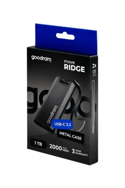 GoodRam - Disco rigido SSD esterno da 1TB - USB 3.2 Gen. 2x2 Tipo-C - Move Ridge Nero - Velocità di lettura fino a 2000MB/s, velocità di scrittura fino a 2000MB/s - Custodia in metallo - 75×32×9,5mm