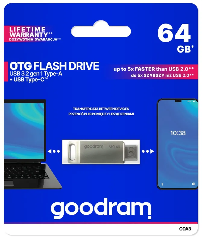 GOODRAM PEN DRIVE 64GB GOODRAM USB 3.2/TYPE C DualDrive ODA3 SILVER 60R/20W - ODA3-0640S0R11