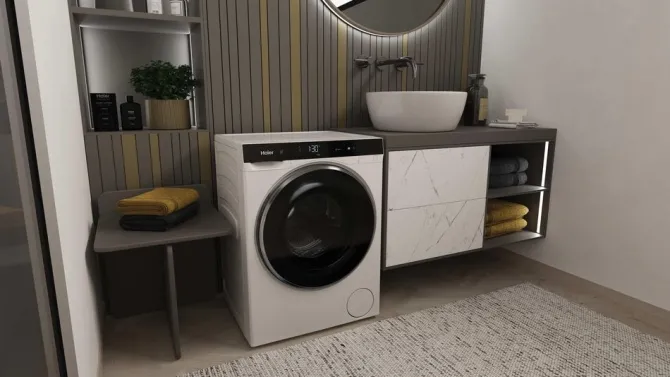 Haier Minidrum, Lavasciuga Compatta 5+2,5 KG, Classe A, 1200 giri, Bianco, AI PowerDrive, Refresh, Wi-Fi, HWD50-BP12307U-S