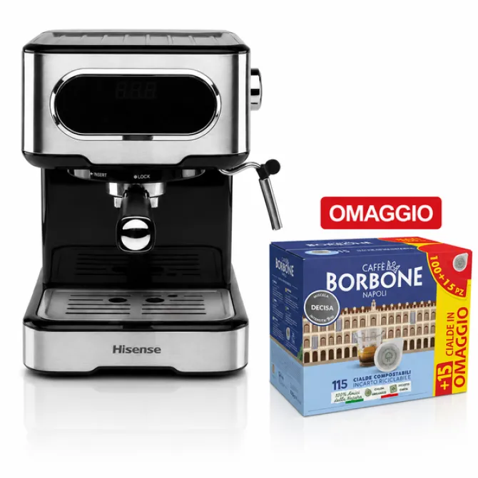 Hisense Macchina per caffè HESCM15DBK Cappuccinatore + 115 Cialde Decisa Borbone in OMAGGIO