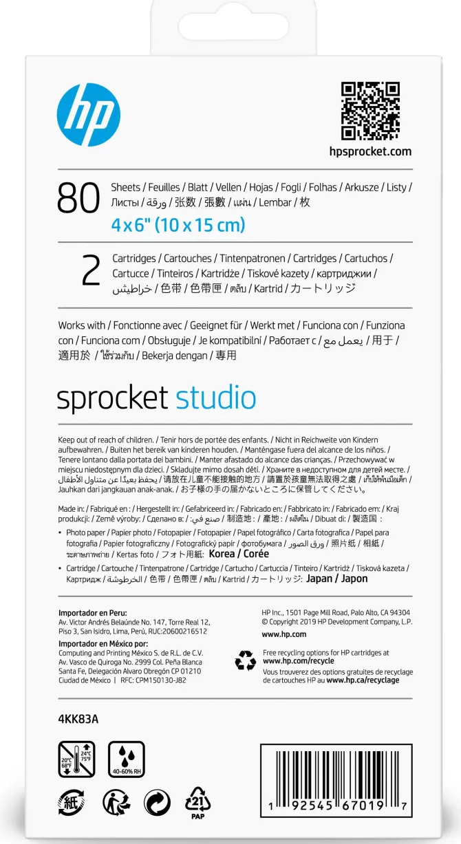 HP Cartucce e carta fotografica originali Sprocket 10 x 15 cm, 80 fogli