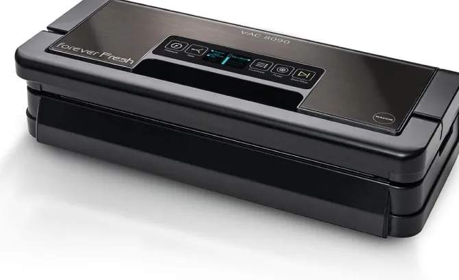 MACOM, Macchina Sottovuoto Professionale - Doppia Pompa di Aspirazione, 2 Barre Saldanti e Portarotolo Integrato, Struttura in Acciaio Brunito con Display LCD - Forever Fresh VAC8090