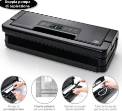 MACOM, Macchina Sottovuoto Professionale - Doppia Pompa di Aspirazione, 2 Barre Saldanti e Portarotolo Integrato, Struttura in Acciaio Brunito con Display LCD - Forever Fresh VAC8090