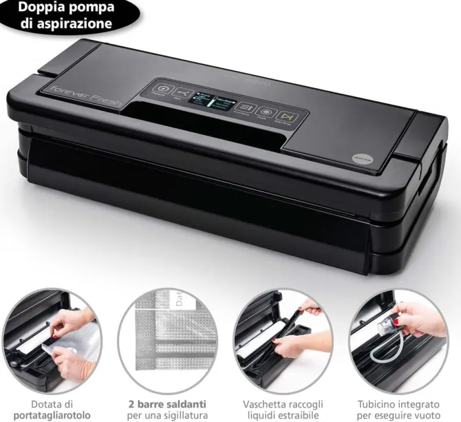 MACOM, Macchina Sottovuoto Professionale - Doppia Pompa di Aspirazione, 2 Barre Saldanti e Portarotolo Integrato, Struttura in Acciaio Brunito con Display LCD - Forever Fresh VAC8090