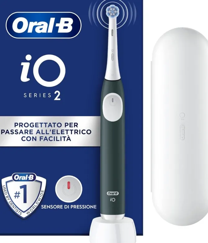 Oral-B iO 2 Spazzolino Elettrico Oral B, Verde, 1 Testina Di Ricambio, 1 Spazzolino, Custodia Da Viaggio, Delicato sulle Gengive, Efficace sulla placca, Sensore di Pressione