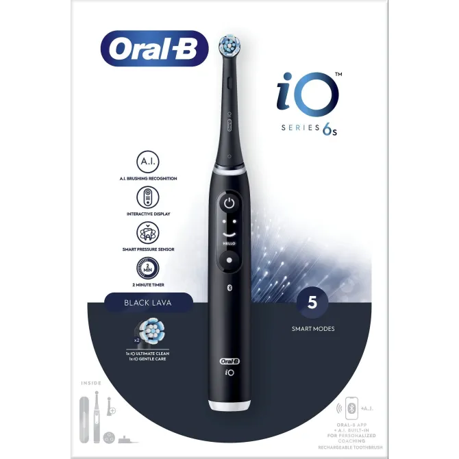 Oral-B iO Spazzolino Elettrico Avanzato iO iO6, 5 velocità, 2 testine di ricambio - sensore di pressione intelligente