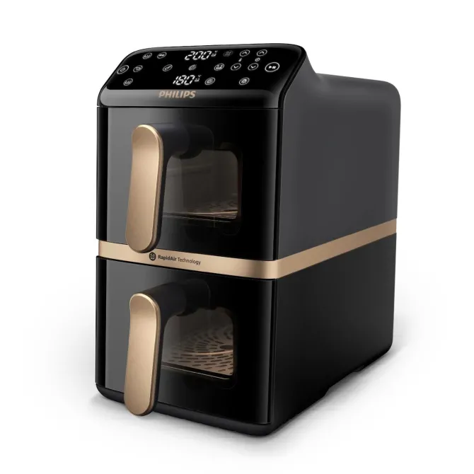 Philips Serie 4000 Airfryer doppio cestello Verticale, Friggitrice ad aria da 10L, 13 metodi di cottura, Rivestimento ceramica PFAS Free, Pulizia in lavastoviglie, App ricette, NA462/70