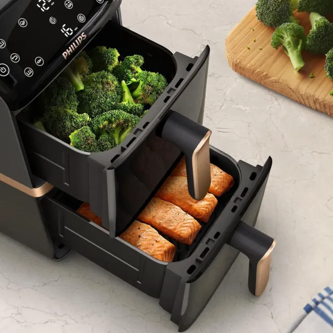 Philips Serie 4000 Airfryer doppio cestello Verticale, Friggitrice ad aria da 10L, 13 metodi di cottura, Rivestimento ceramica PFAS Free, Pulizia in lavastoviglie, App ricette, NA462/70