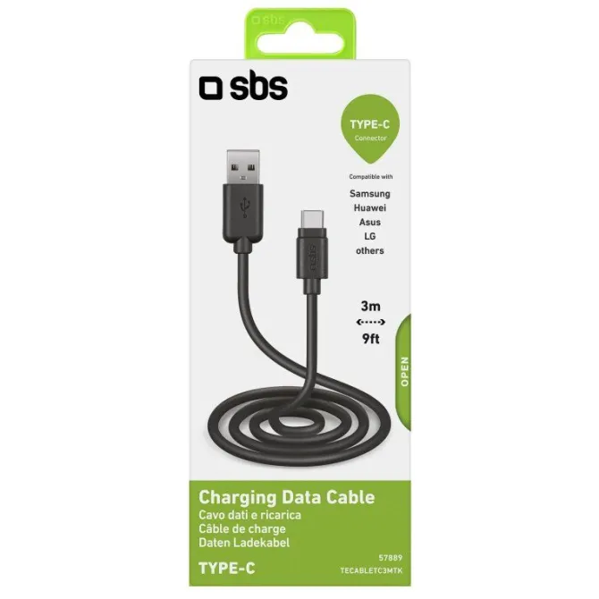 SBS Cavo dati e ricarica Type-C 3 metri USB 2.0 Nero