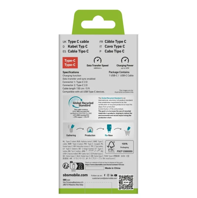 SBS - Cavo type-C to Type-C TECABLETCC6015LGGRS - Verde
