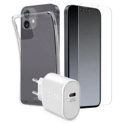 SBS Set custodia/vetroproteggischermo Sbs 3in1 con alimentatore da rete TETR1CPD20 per iPhone 13 Trasparente