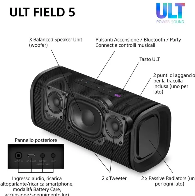 SONY - SRSULT50B.CE7 Speaker portatile Wireless Bluetooth 5.3, USB, SUONO ULT POWER SOUND - Nero
