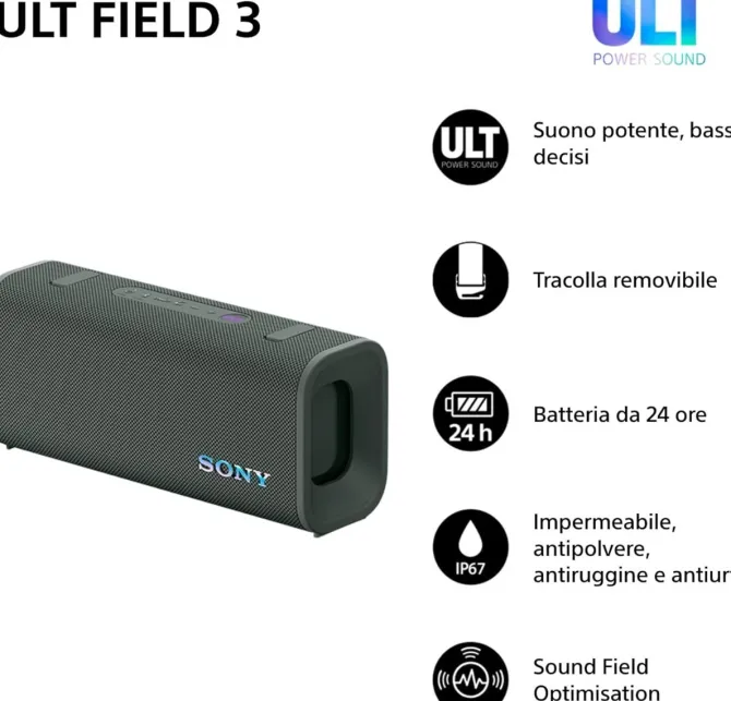 Sony ULT FIELD 3 - Speaker Bluetooth portatile con ULT POWER SOUND, batteria 24 ore, IP67, impermeabile, antipolvere, antiurto, tracolla staccabile, compatto - Blanco Marfil, Foresta Grigia