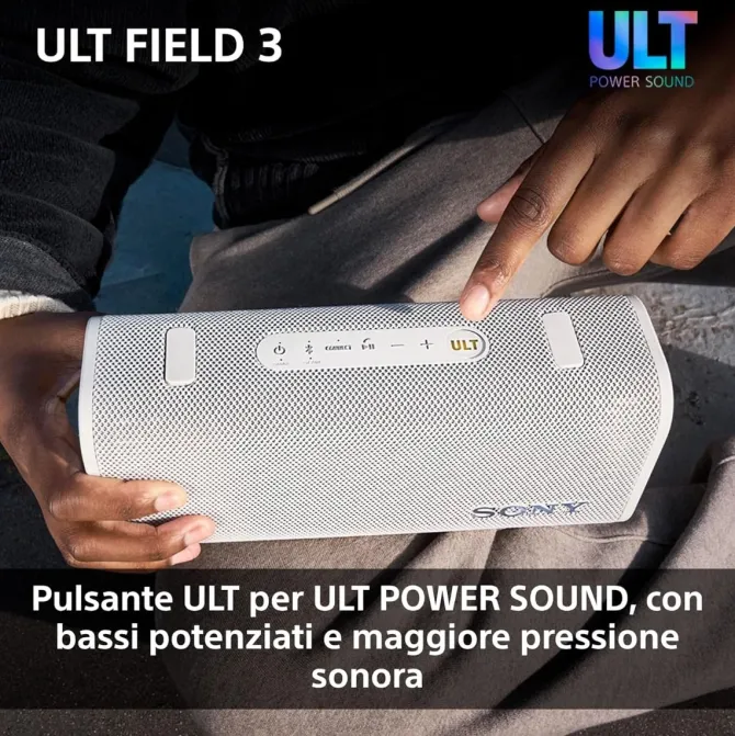 Sony ULT FIELD 3 - Speaker Bluetooth portatile con ULT POWER SOUND, batteria 24 ore, IP67, impermeabile, antipolvere, antiurto, tracolla staccabile, compatto - Blanco Marfil, Foresta Grigia