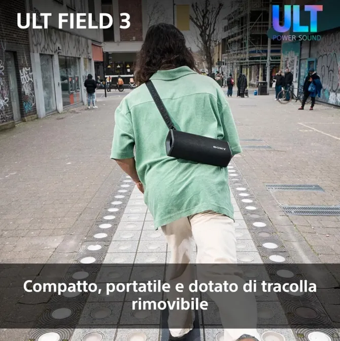 Sony ULT FIELD 3 - Speaker Bluetooth portatile con ULT POWER SOUND, batteria 24 ore, IP67, impermeabile, antipolvere, antiurto, tracolla staccabile, compatto - Blanco Marfil, Foresta Grigia