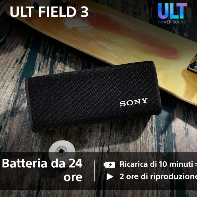 Sony ULT FIELD 3 - Speaker Bluetooth portatile con ULT POWER SOUND, batteria 24 ore, IP67, impermeabile, antipolvere, antiurto, tracolla staccabile, compatto - Blanco Marfil, Foresta Grigia