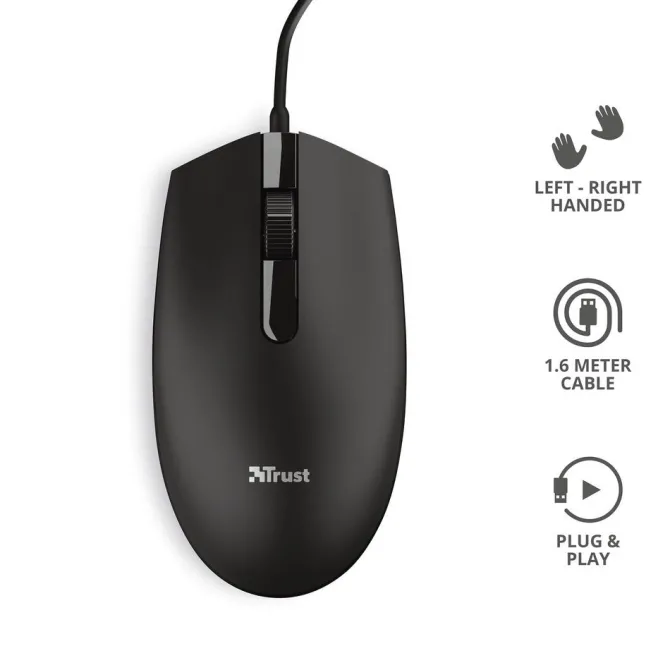 TRUST - BASI WIRED MOUSE Curvo ergonomico - Black