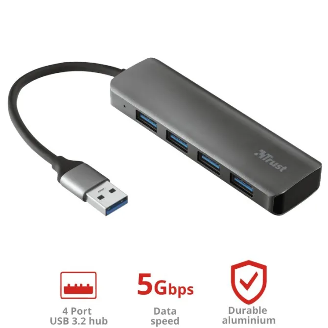 Trust Halyx Aluminium 4-Port USB 3.2 Hub USB-A 3.1 Gen 1 4x USB-A 3.2 Gen 1 Grigio