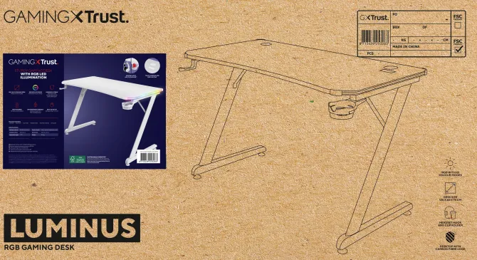 TRUST - Scrivania gaming illuminata a LED GXT709W, Luminus RGB, 120x60x76 cm, legno certificato FSC®