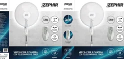ZEPHIR - PBA42TLC Ventilatore a Piantana 45 Watt, 3 pale, 3 velocità, Base oscillante, Timer - Bianco