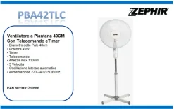 ZEPHIR - PBA42TLC Ventilatore a Piantana 45 Watt, 3 pale, 3 velocità, Base oscillante, Timer - Bianco