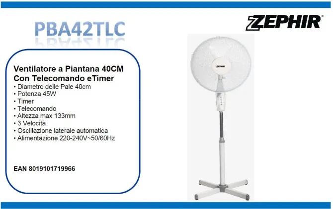 ZEPHIR - PBA42TLC Ventilatore a Piantana 45 Watt, 3 pale, 3 velocità, Base oscillante, Timer - Bianco
