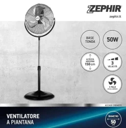 ZEPHIR - PF50CR Ventilatore piantana da terra, 120 Watt, 3 pale, 3 velocità, 150 cm, diametro 50 cm - Metallo