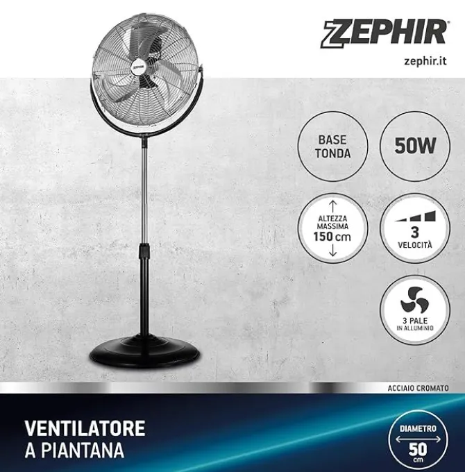 ZEPHIR - PF50CR Ventilatore piantana da terra, 120 Watt, 3 pale, 3 velocità, 150 cm, diametro 50 cm - Metallo