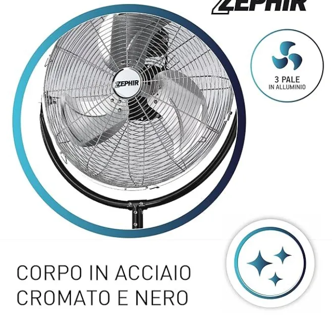 ZEPHIR - PF50CR Ventilatore piantana da terra, 120 Watt, 3 pale, 3 velocità, 150 cm, diametro 50 cm - Metallo