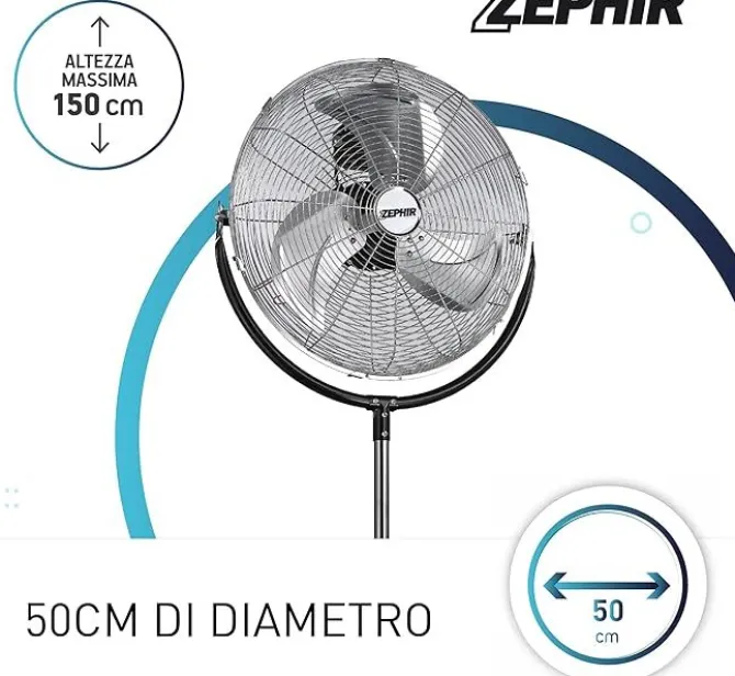 ZEPHIR - PF50CR Ventilatore piantana da terra, 120 Watt, 3 pale, 3 velocità, 150 cm, diametro 50 cm - Metallo