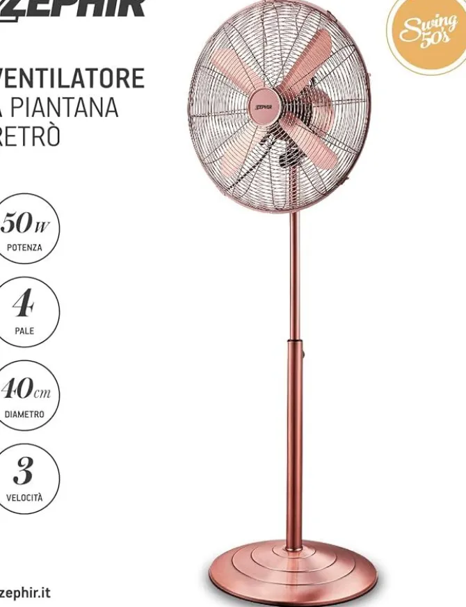 ZEPHIR - PFV41BR - Ventilatore a Piantana, Bronzo, 50 Watt, 4 pale, 3 velocità , base oscillante, altezza regolabile max 140 cm - Metallo